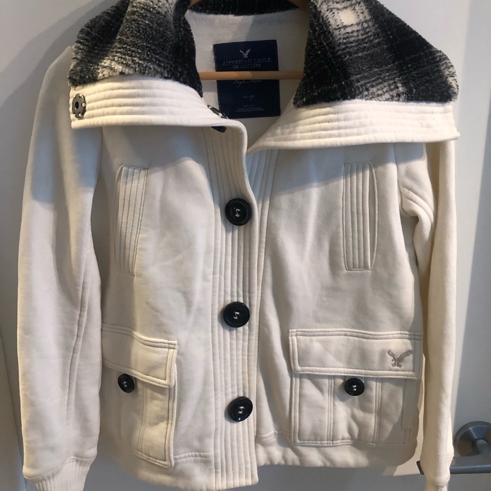 American Eagle Outfitters Cream Bomber Jacket with Black Plaid Collar - Picture 12 of 13